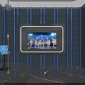 Modern Luxurious KTV Interior With Hexagonal Grid Ceiling Blue LED Strips Sofas And Large Screen
