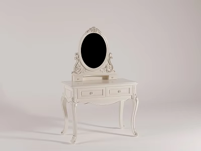 Elegant White Vanity Table With Ornate Oval Mirror And Curved Legs Design 3d model