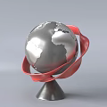 Decorative Ornament Set With Silver Globe Red Ribbon And Black Base For Home Decor