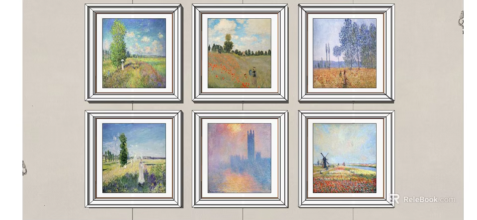 Six Framed Oil Paintings Displaying Rural Landscapes with Poppies Windmill and Church Tower 3d model 