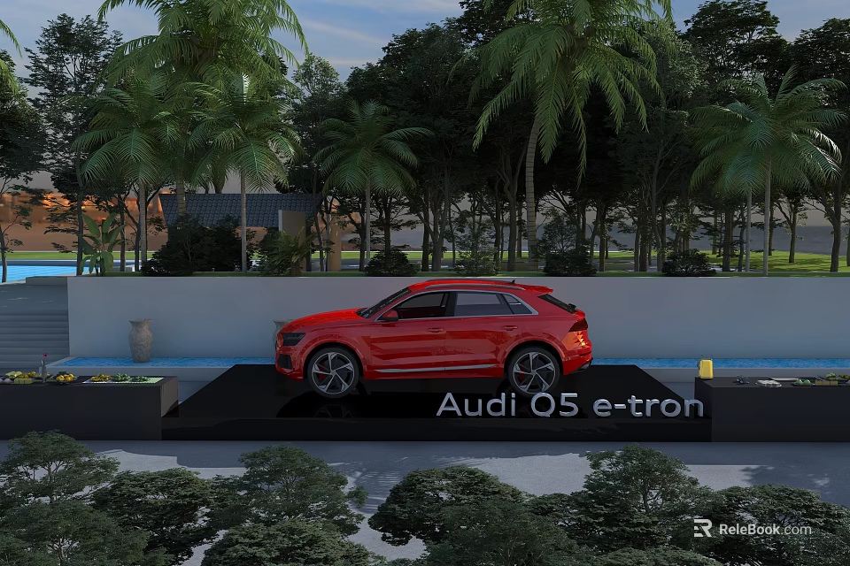 Red Audi Q5 e-tron SUV Showcased in Outdoor Scene with Palm Trees and Lush Greenery 3d model 