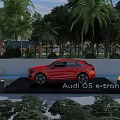 Red Audi Q5 e-tron SUV Showcased in Outdoor Scene with Palm Trees and Lush Greenery