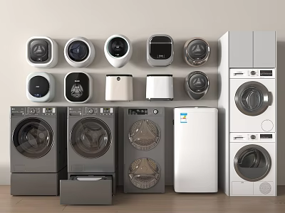 Different Styles Of Modern Washing Machines In Gray And White Displayed In A Row 3d model
