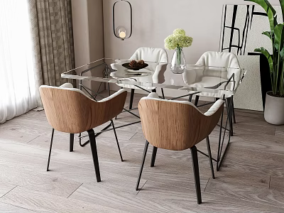 Modern Dining Table Set With Glass Top Wooden Chairs Hanging Lamp And Decorative Flowers 3d model