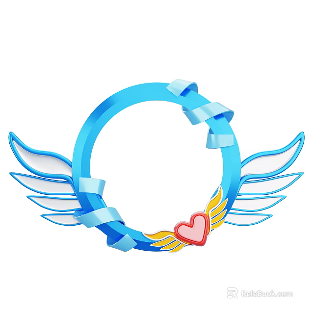 Decorative Ornament Set With Blue Circular Frame Wings Ribbon Red Heart And Yellow Accents 3d model 