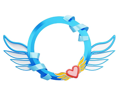 Decorative Ornament Set With Blue Circular Frame Wings Ribbon Red Heart And Yellow Accents 3d model