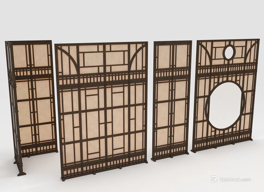 Traditional Chinese Wooden Room Dividers With Geometric Patterns Light Panels And Circular Motifs 3d model 