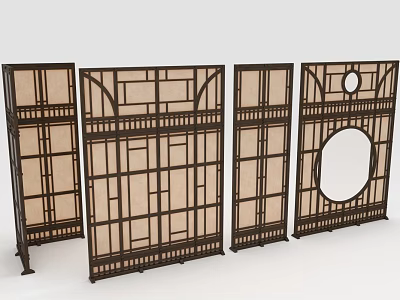 Traditional Chinese Wooden Room Dividers With Geometric Patterns Light Panels And Circular Motifs 3d model