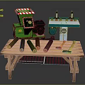 Woodworking Equipment Setup With Green Grinder Blue Lathe And Wooden Workbench With Logs Tools