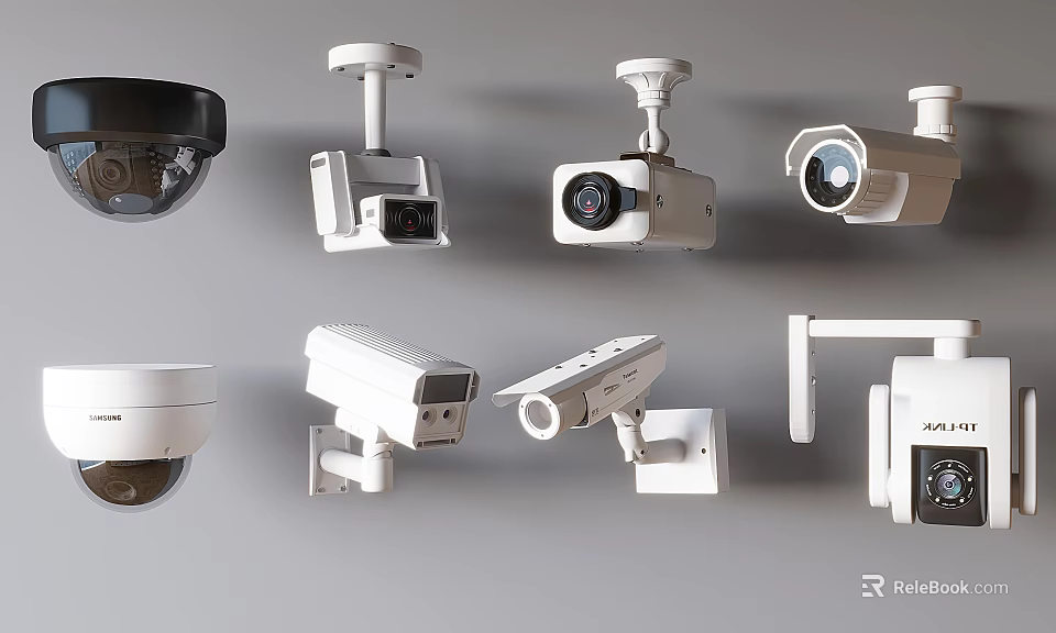 Various Types of Surveillance Cameras Including Dome Bullet and Wall Mounted Models 3d model 