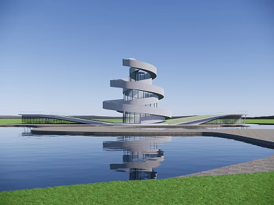 Modern Spiral Cultural Center Building With Water Reflection And Green Lawn 3d model