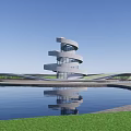 Modern Spiral Cultural Center Building With Water Reflection And Green Lawn