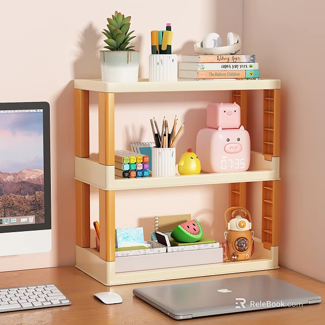 Three Tier Wooden White Shelf with Stationery Decorations Books and Vintage Radio 3d model 