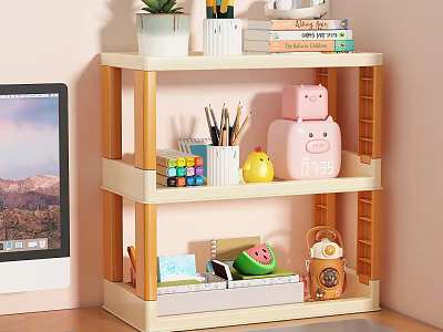 Three Tier Wooden White Shelf with Stationery Decorations Books and Vintage Radio 3d model