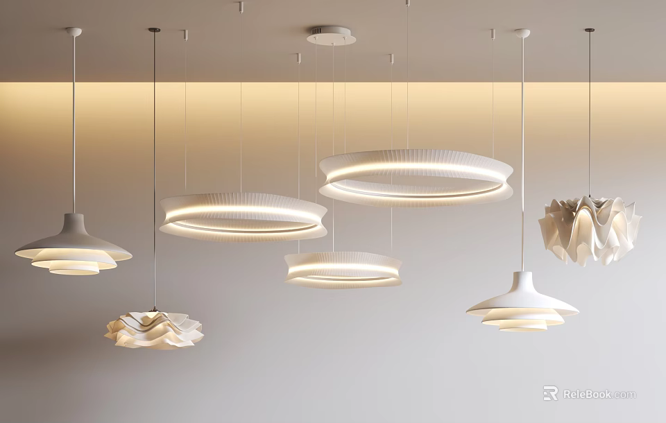Living Room Modern Pendant Lights With Circular Textured Shades And Petal Shaped Designs Warm Glow 3d model 