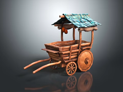 Traditional Wooden Hand Cart With Turquoise Tiled Roof Hanging Gourd And Wooden Wheels 3d model