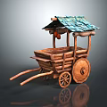 Traditional Wooden Hand Cart With Turquoise Tiled Roof Hanging Gourd And Wooden Wheels