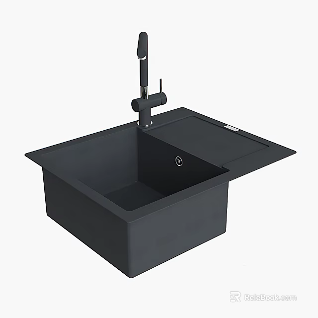 Black Single Bowl Kitchen Sink With Faucet And Drainboard Cover 3d model 