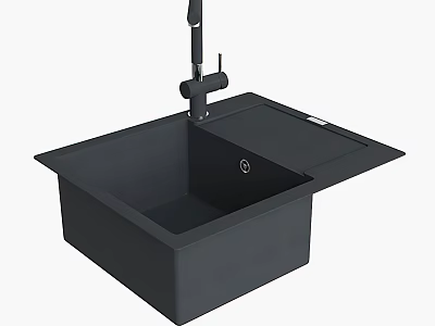 Black Single Bowl Kitchen Sink With Faucet And Drainboard Cover 3d model