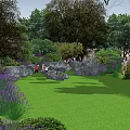 People Enjoying Garden Landscape With Lush Trees Green Grass Rocks And Colorful Flowers
