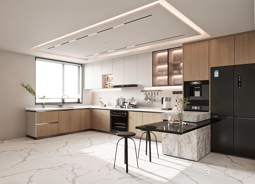 Modern Kitchen Interior With Wooden Cabinets Marble Island Black Appliances And Ceiling Lighting 3d model 