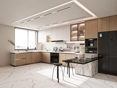 Modern Kitchen Interior With Wooden Cabinets Marble Island Black Appliances And Ceiling Lighting 3d model