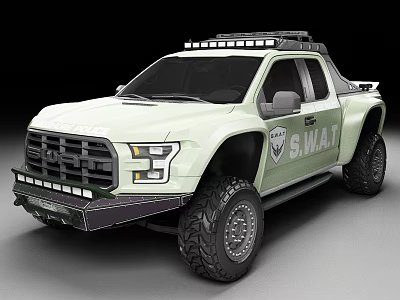 SWAT Themed Light Green Pickup Truck With Roof Rack Lights And Large Tires 3d model