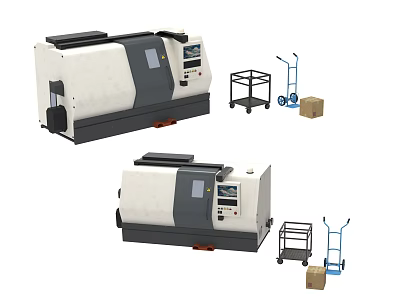 Industrial CNC Lathe Machines With Metal Rack Trolley And Cardboard Box Accessories 3d model