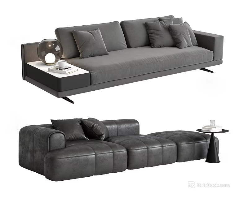 Modern Gray Sectional Sofa With Plush Cushions And Side Table Lamp 3d model