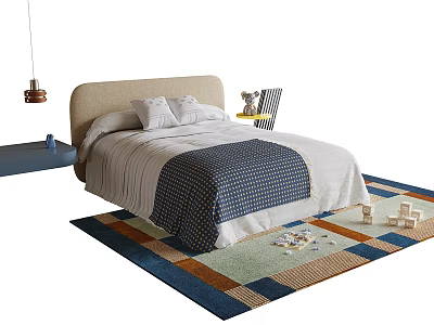 Comfortable Kids Bed With Upholstered Headboard Striped Polka Dot Bedspread Colorful Patchwork Rug And Building Blocks 3d model