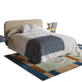 Comfortable Kids Bed With Upholstered Headboard Striped Polka Dot Bedspread Colorful Patchwork Rug And Building Blocks