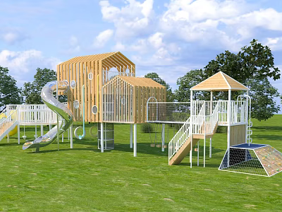 Outdoor Playground Equipment With Wooden House Shaped Structure Slide And White Railings On Grass Lawn 3d model