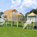 Outdoor Playground Equipment With Wooden House Shaped Structure Slide And White Railings On Grass Lawn