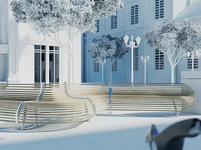 Modern Curved Landscape Seating In Outdoor Area With Trees And Buildings 3d model