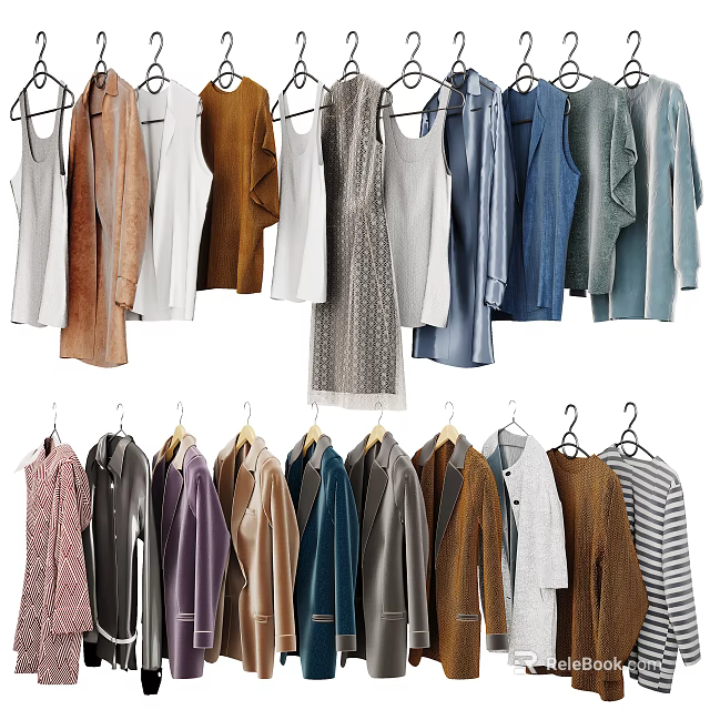 Hanging Clothes With Various Types Colors Styles And Materials For Wardrobe 3d model 