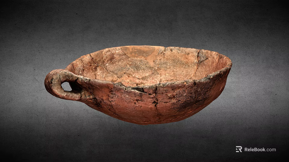 Ancient Ceramic Vessel With Handle Reddish Brown Cracked Surface Worn Texture Against Dark Background 3d model 