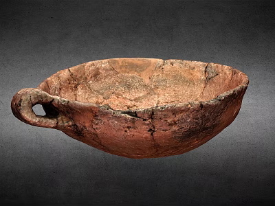 Ancient Ceramic Vessel With Handle Reddish Brown Cracked Surface Worn Texture Against Dark Background 3d model