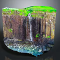 Garden Landscape With Lush Green Grass White Building And Waterfall In Rocky Cliff Formation