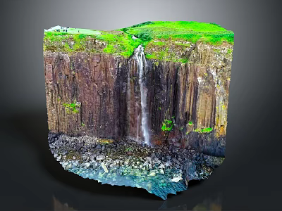 Garden Landscape With Lush Green Grass White Building And Waterfall In Rocky Cliff Formation 3d model