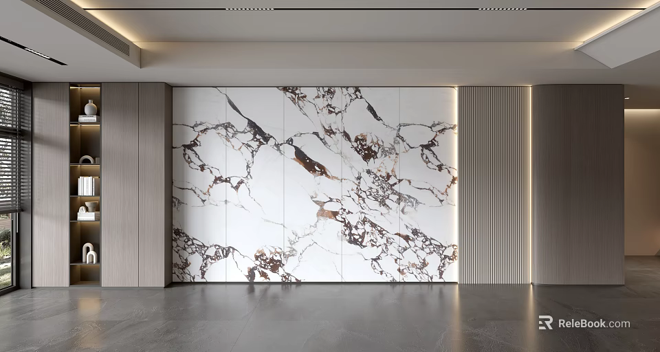 Modern Sofa Background Wall with Elegant Marble Texture Vertical Striped Wood Paneling Gray Floor Lighting 3d model 