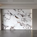 Modern Sofa Background Wall with Elegant Marble Texture Vertical Striped Wood Paneling Gray Floor Lighting