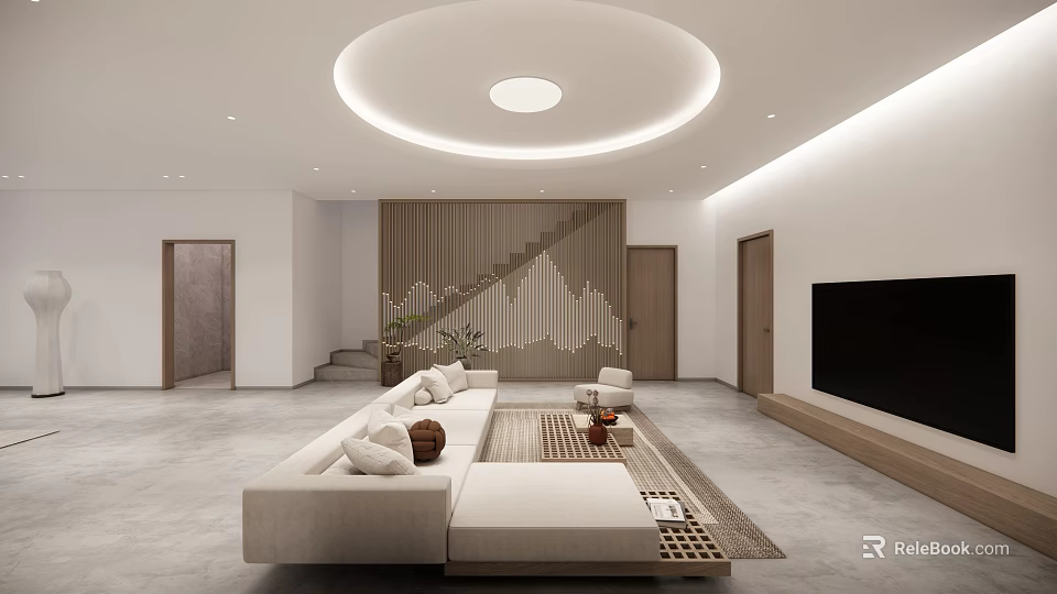 Modern Living Dining Room With Circular Ceiling Light Light-Colored Sofa Coffee Table And TV Wall 3d model 