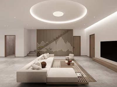 Modern Living Dining Room With Circular Ceiling Light Light-Colored Sofa Coffee Table And TV Wall 3d model