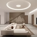 Modern Living Dining Room With Circular Ceiling Light Light-Colored Sofa Coffee Table And TV Wall