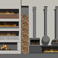 Modern Fireplace Designs With Burning Flames Stacked Firewood Wood Storage And Tools