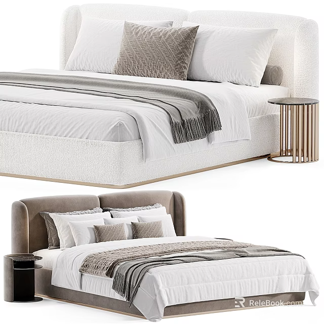 Modern Upholstered Double Bed with Soft Pillows Striped Blanket and Wooden Nightstand 3d model 