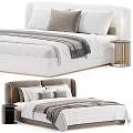 Modern Upholstered Double Bed with Soft Pillows Striped Blanket and Wooden Nightstand