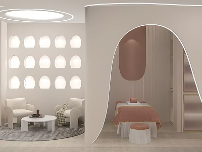 Modern Apartment Interior With White Chairs Coffee Table Circular Lights Arched Doorway Bed And Stools 3d model
