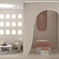 Modern Apartment Interior With White Chairs Coffee Table Circular Lights Arched Doorway Bed And Stools