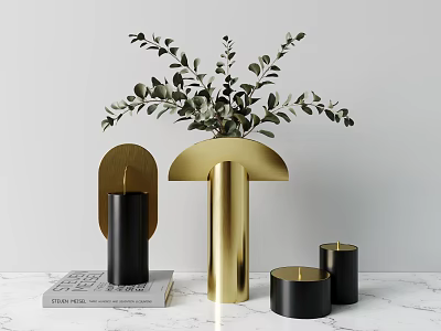 Golden Vase With Green Foliage And Black Candles On White Marble Table 3d model